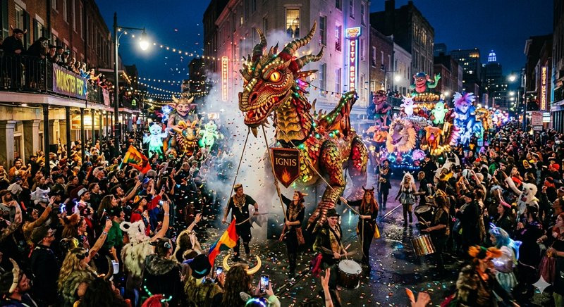 Colorful dragon parade float leading a lively street festival at night.