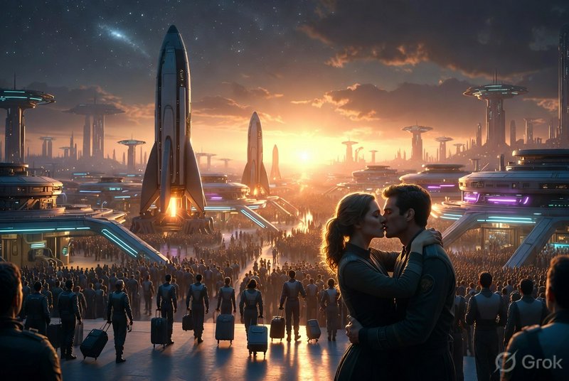 A couple kissing in a futuristic cityscape with tall rockets and a glowing sunset.