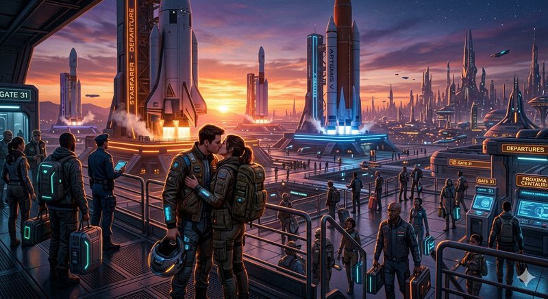 Futuristic spaceport at sunset with rockets, neon lights, and a couple kissing in the foreground.
