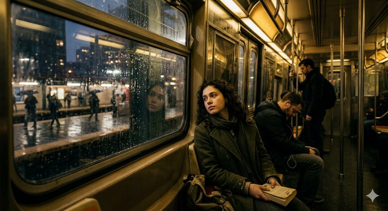 Young woman sitting on a rainy city subway carriage, gazing out the window.