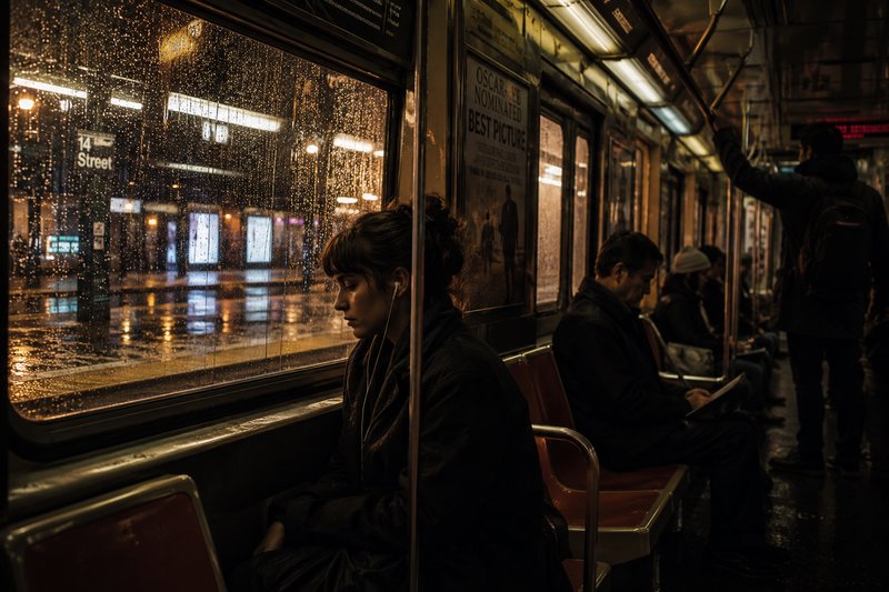 Woman sitting alone on a rainy subway car at night, gazing out the window.