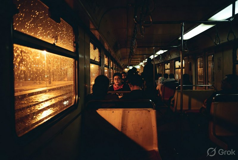 Dimly lit train carriage interior at night with passengers seated by a rainy window