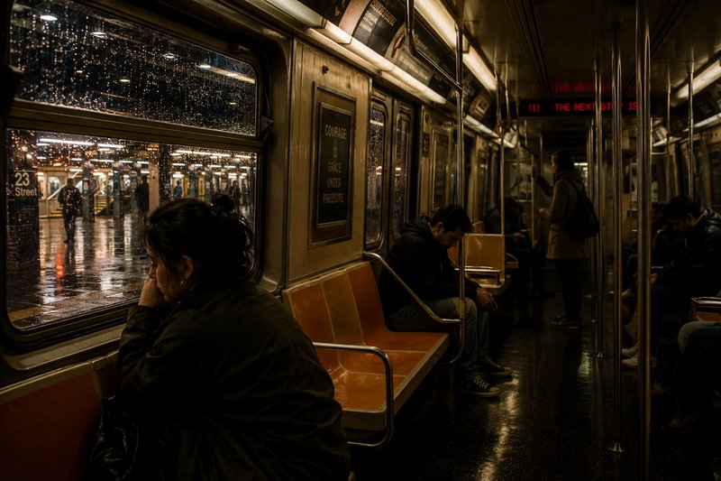 Dimly lit subway car at night with rain on the windows and passengers seated along orange seats.