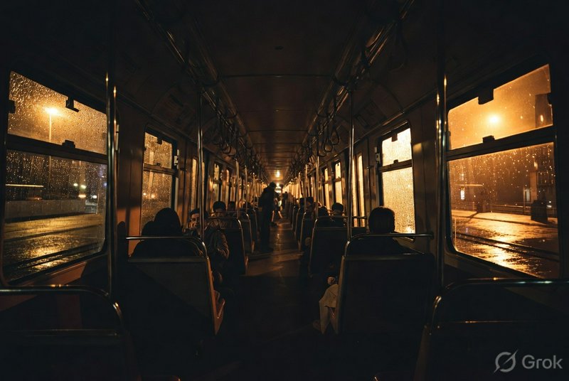 Dimly lit night bus interior with passengers and rain-streaked windows glowing from streetlights.