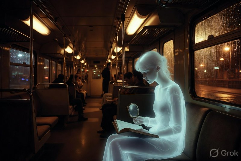 Ghostly translucent woman reading a book with a magnifying glass on a dimly lit subway car at night.