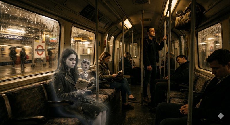 Dim subway car interior with two translucent women reading a book beside a window.