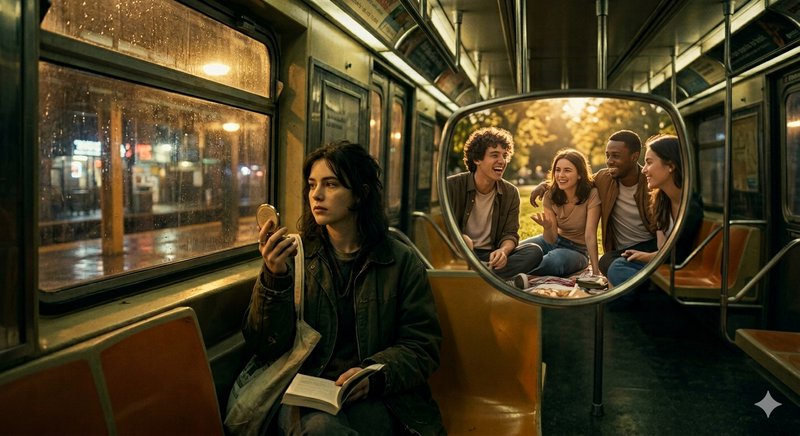 Young woman on a subway train looking at her phone while a group chats reflected in a mirror.