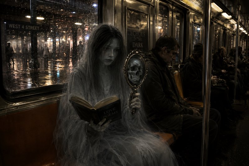 Ghostly woman in a translucent veil sits on a subway, reading a book and holding a skull-mirror.