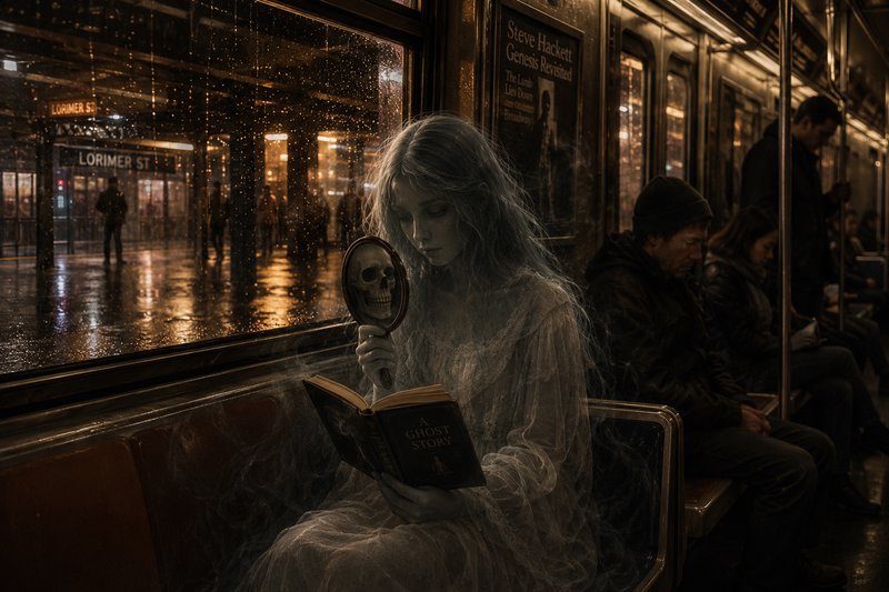 Ghostly woman in a translucent veil reads a book on a subway, holding a skull mirror as rain streams outside.
