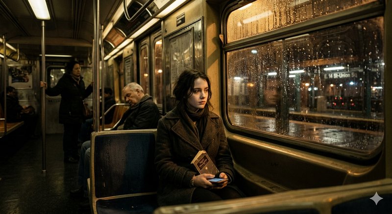 Woman sitting alone on a rainy subway car at night, holding a phone and a book.
