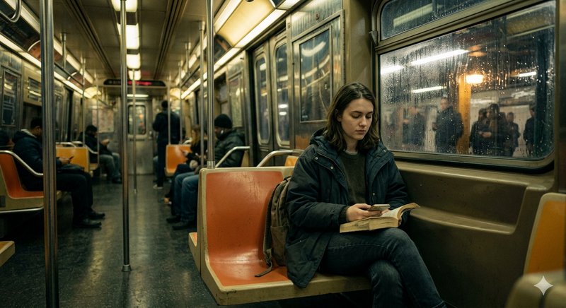 Young woman sitting on a subway bench reading a book in a dim, rain-splattered car.