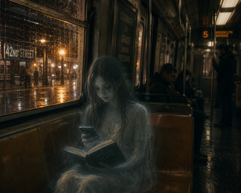 Young woman on a rainy NYC subway at night reading a book while glancing at her phone