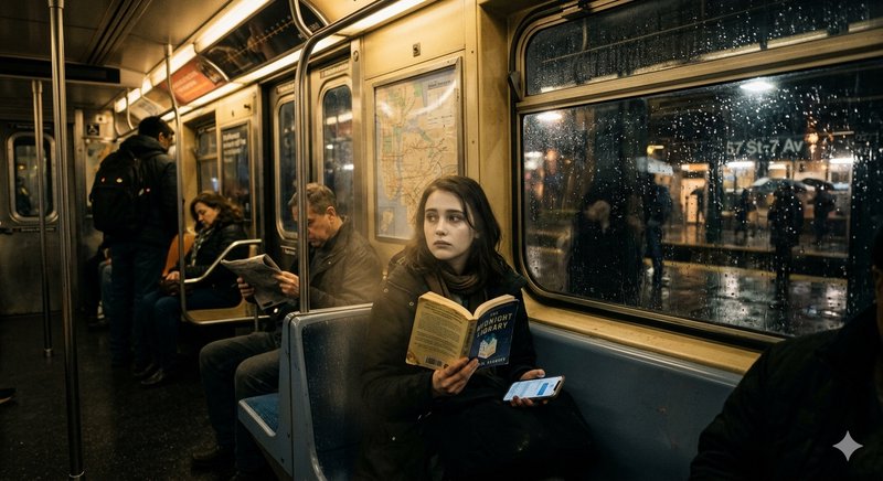 A young woman on a subway car at night reads a book while holding a smartphone, with a rain-splashed window behind her.
