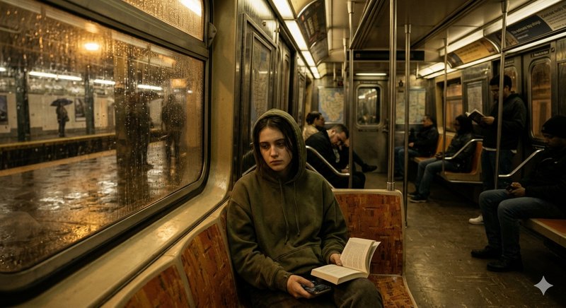 A young person in a hoodie sits on a subway bench reading a book during a rainy night inside a dimly lit train car.
