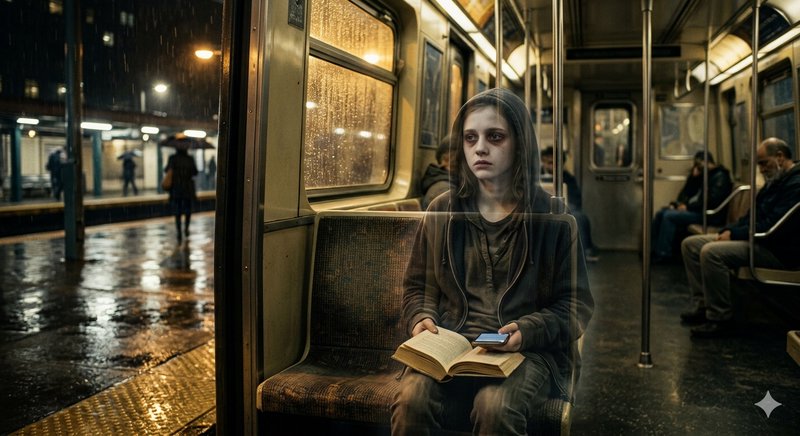 A pale, somber girl sits alone on a rainy city bus, reading a book and holding a phone.