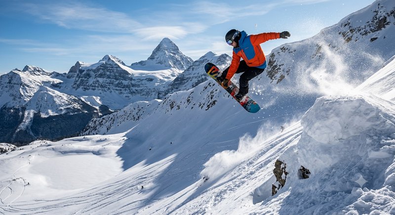 Snowboarder performing a jump on a snowy alpine slope with blue sky