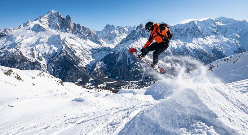 Snowboarder in an orange jacket leaps over a snowy slope with rugged alpine mountains in the background.
