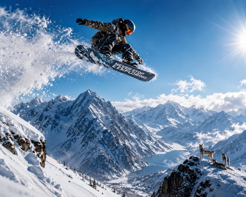 Snowboarder performs a high jump off a snowy cliff against a bright alpine mountain backdrop.