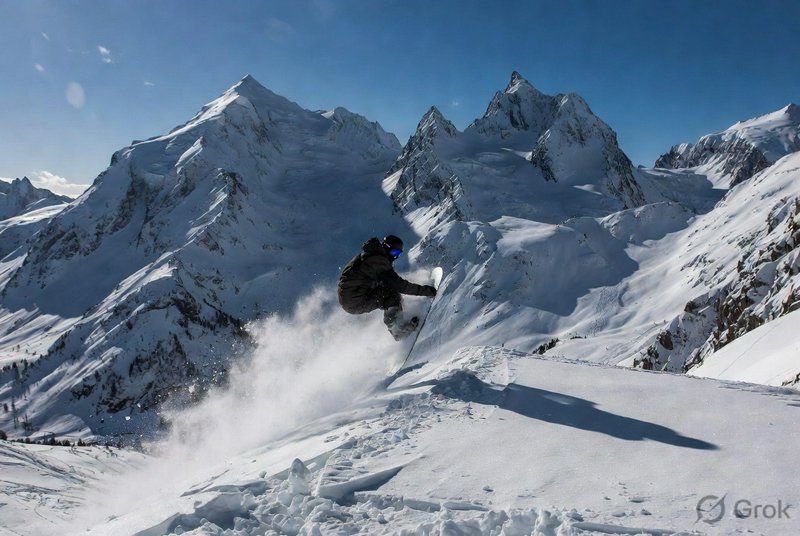 Snowboarder mid-air jump on a snowy mountain slope with rugged alpine peaks