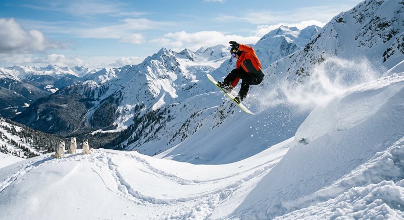 Skier in an orange jacket performs a jump on a snowy mountain slope with alpine peaks in the background and dogs watching.