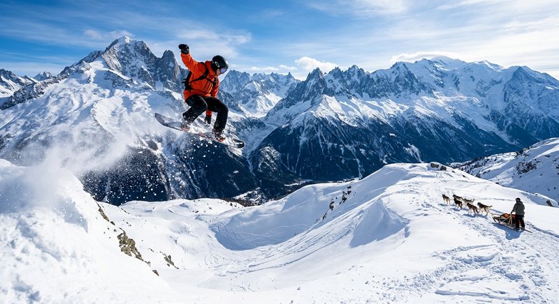 Snowboarder soaring mid-air over a snowy alpine ridge with jagged mountain peaks.