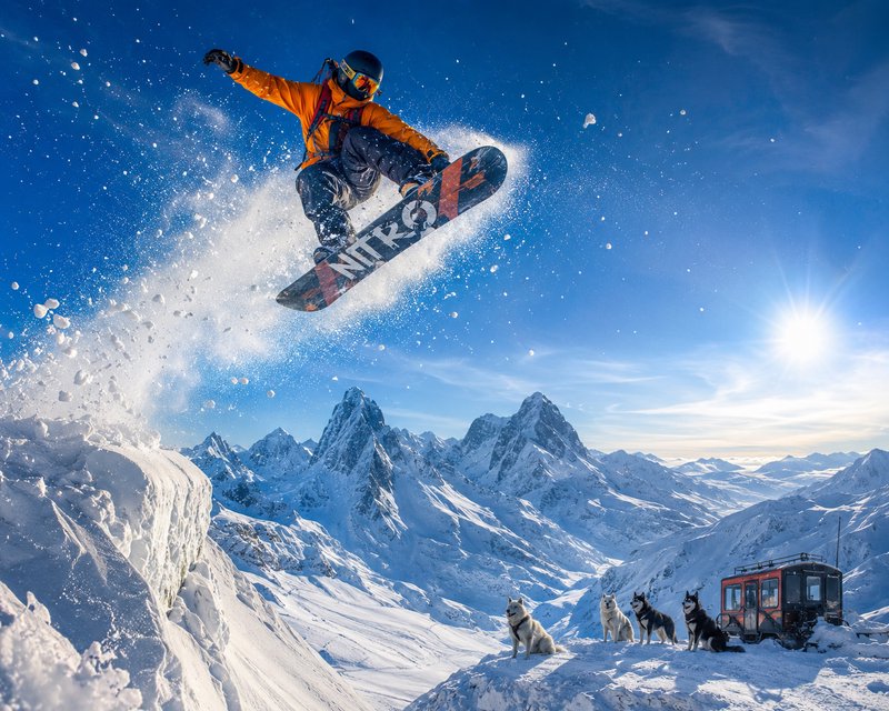 Snowboarder mid-air above a snowy alpine slope with rugged mountains under a bright blue sky.