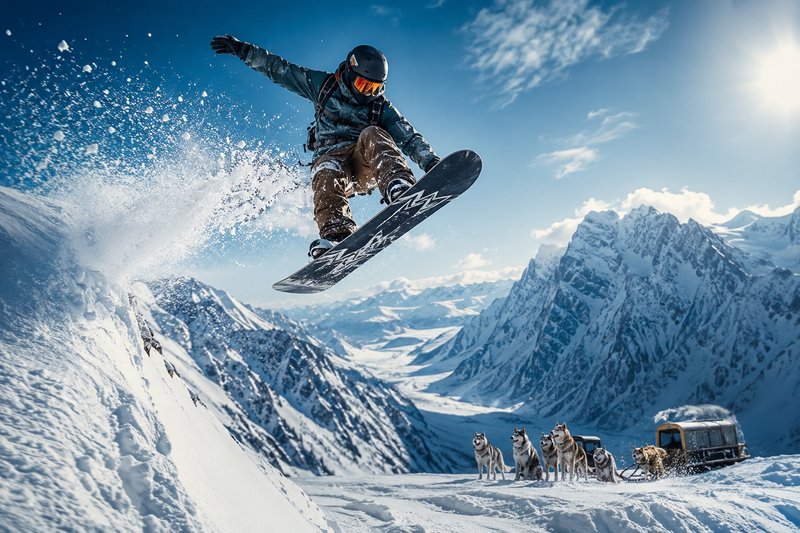 Snowboarder airborne over a snowy ridge with a team of huskies and a vintage bus in a dramatic alpine valley.