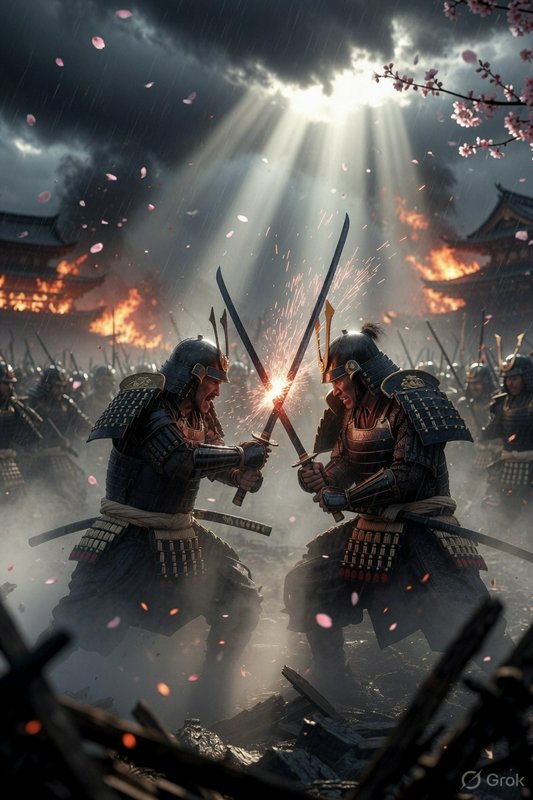 Two armored samurai duel with swords amid a burning battlefield and drifting petals.