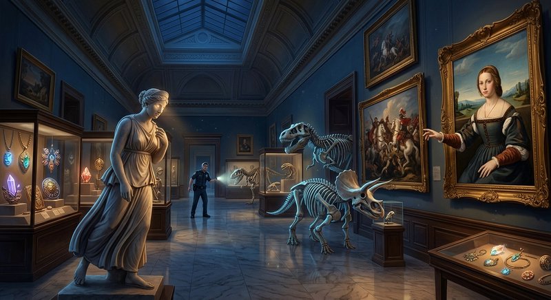 [Security guard patrols dark museum as exhibits come alive: glowing statue, moving dinosaur skeletons, reaching portrait f...