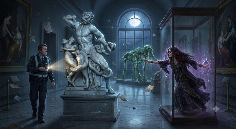 Shocked museum security guard shines a flashlight on a magical witch trapped in a cracking glass exhibit beside glowing