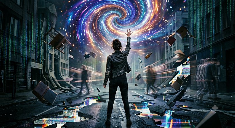 Back view of a woman raising her hand to a swirling glowing cosmic vortex above a glitchy crumbling city street.