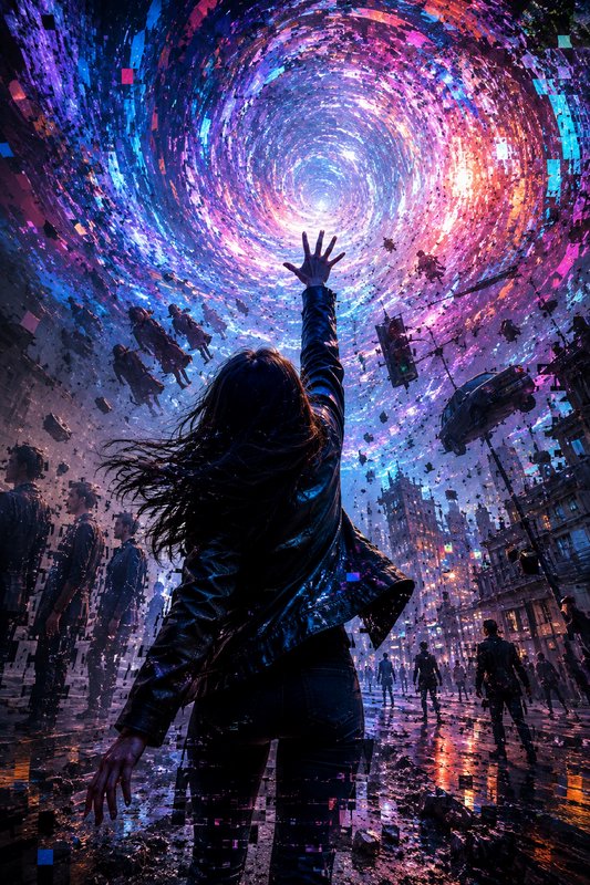Back view of a woman reaching upward toward a swirling glitchy neon vortex tearing apart a city street.