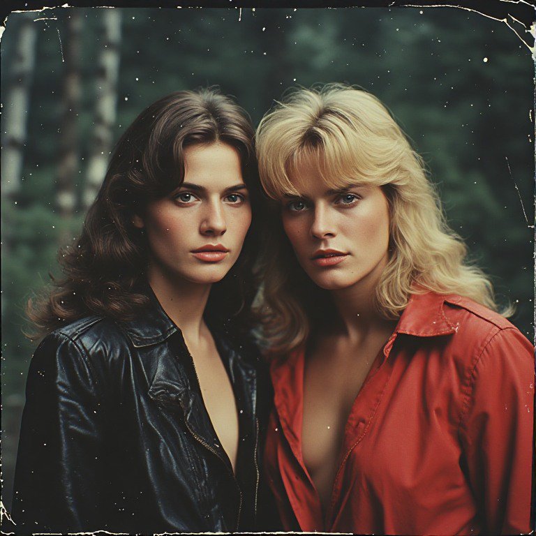 Aged 1980s film portrait of two women posing closely together against a blurred forest background, with vintage photo wear.