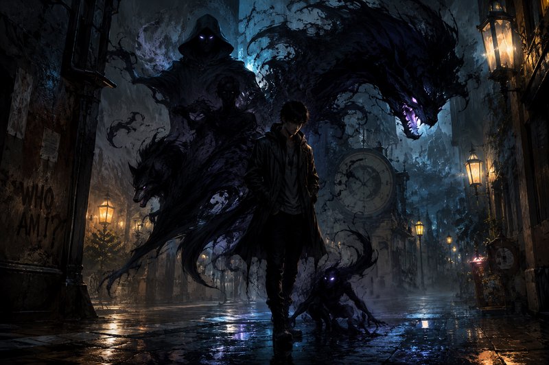 Brooding young man walks wet gothic city street surrounded by glowing purple-eyed shadow monsters in dark fantasy art.