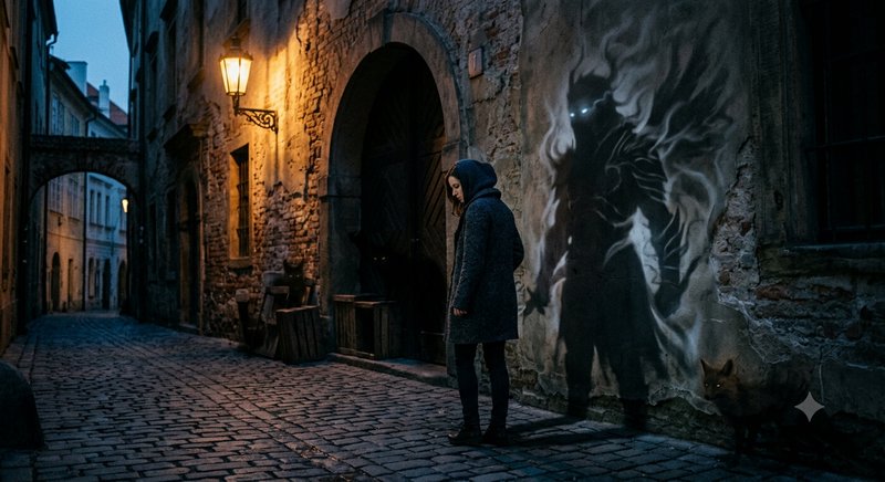Hooded woman stands on a dusk cobblestone alley beside a glowing-eyed shadow creature mural on a weathered historic