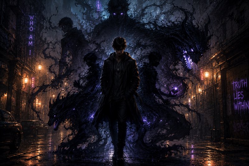 Brooding dark fantasy protagonist walks rain-soaked neon city street surrounded by glowing purple shadow entities and