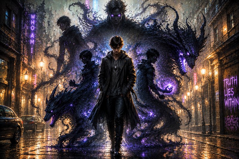 Brooding dark fantasy protagonist walks wet neon city street, surrounded by glowing purple shadow entities and spectral