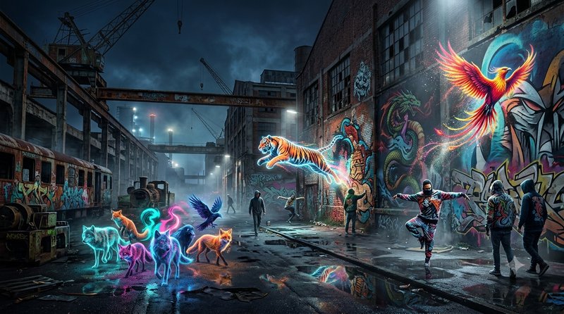 Glowing neon spirit animals appear in a graffiti-covered abandoned industrial alley at misty dark night, with street artis...