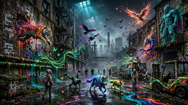 Surreal cyberpunk abandoned factory alley with magical living graffiti creatures, street artists, and vivid glowing neon