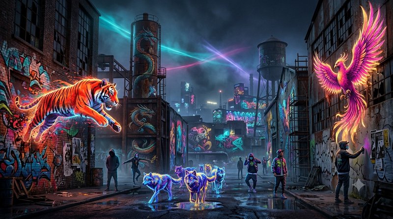 Neon cyberpunk industrial alley at night, featuring glowing mythical creatures, street artists, and vibrant graffiti murals