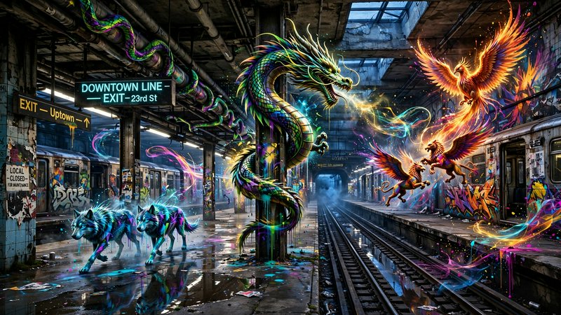 Vibrant graffiti-style mythical creatures populate a gritty abandoned New York City subway station platform.