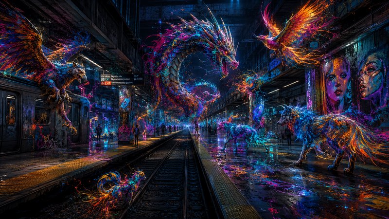 Vibrant neon mythical fantasy creatures including a dragon fill a rain-slicked graffiti-covered underground subway station.