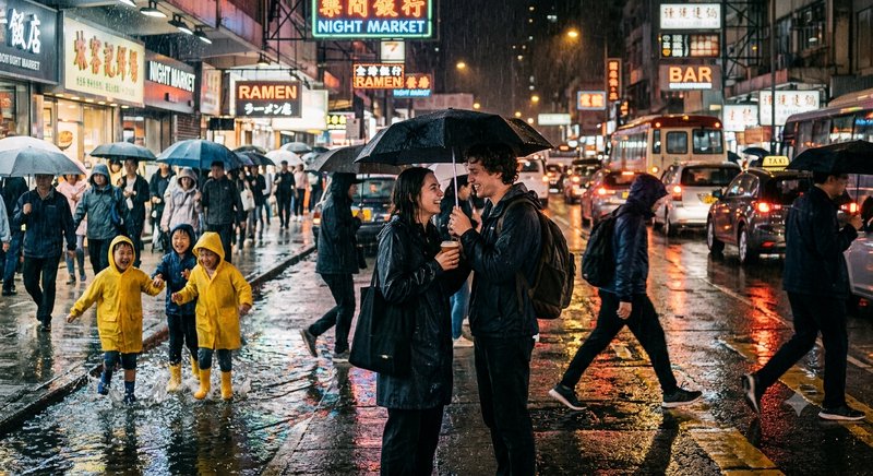 Smiling couple shares an umbrella on a rainy neon-lit downtown city street, children in yellow ra...