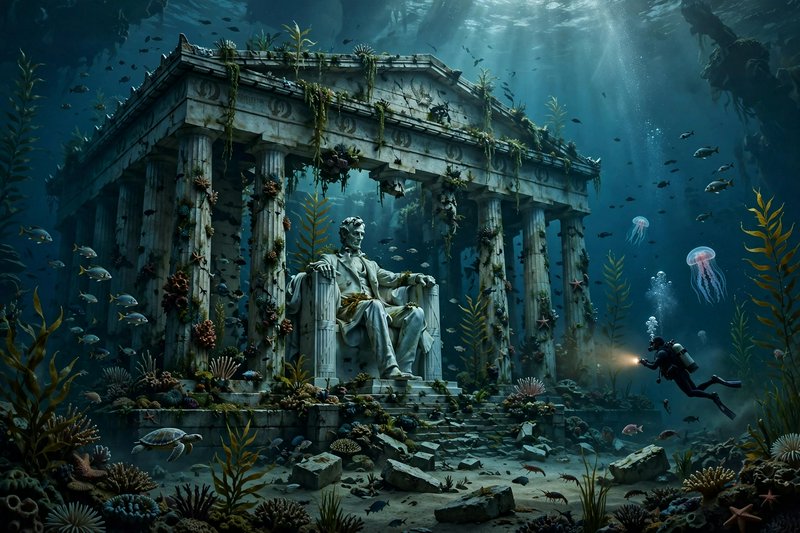 Sunken underwater Lincoln Memorial with marble statue, overgrown marine life, a scuba diver, and ...