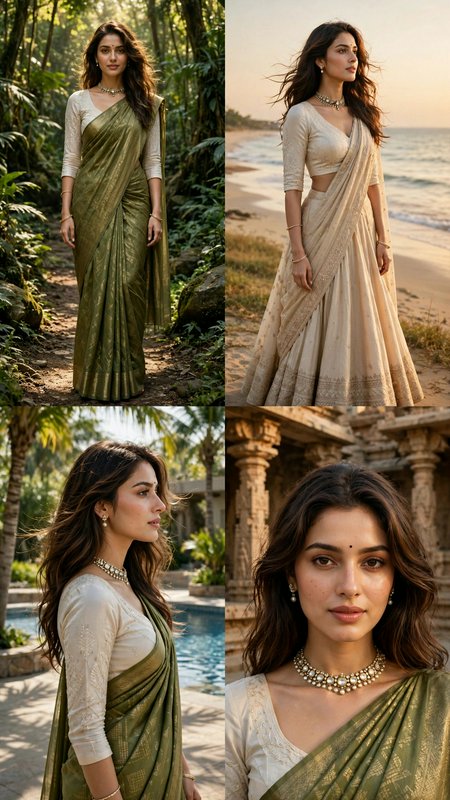 4-panel collage of a South Asian woman modeling elegant traditional Indian saree and lehenga look...