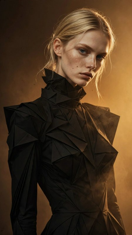 Studio portrait of blonde model in geometric origami-style black couture against warm golden smoky backdrop