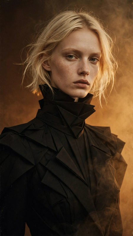 Close-up studio portrait of a freckled blonde woman in a structured geometric black garment again...