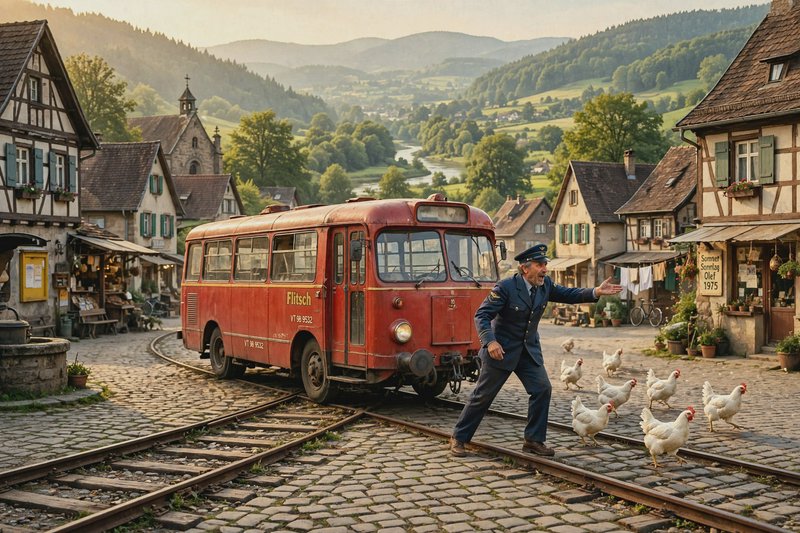 Elderly bus driver gestures to herd chickens off rail tracks beside a vintage red bus in a quaint...
