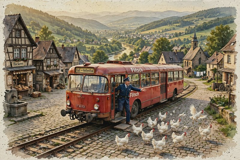 Vintage red railbus conductor gestures at white chickens crossing cobblestone tracks in a cozy al...