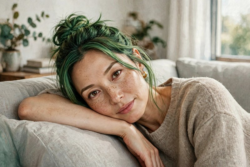 Close up portrait of a freckled woman with green messy bun hair resting on a cozy couch, looking ...